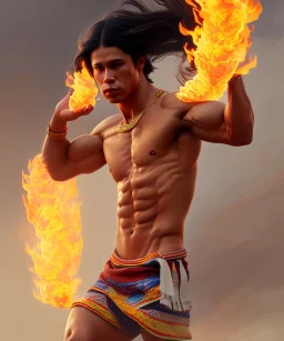 native american warrior, long black hair, dancing on top of fire, big muscles, shirtless, 8k resolution concept art portrait by Greg Rutkowski