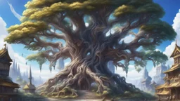 Highly detailed painted anime final fantasy artwork style, Giant tree, gorgeous shiny crystal tree Yggdrasil, at the bottom medieval fantasy city