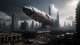 A small, long, sleek Spacecraft in a ruined alien city, surrounded by tall damaged buildings, clear sky, small white clouds, photorealistic