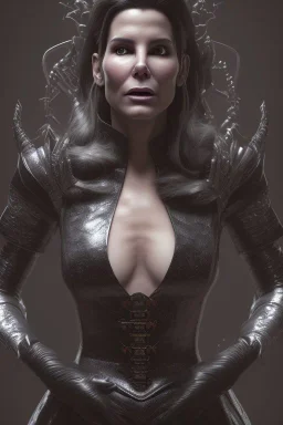 Sandra Bullock as evil queen in black leather gown, cleavage, angry, dominaneering, stern look unreal 5, octane render,cinema4d, dynamic lighting, dramatic lighting, 4k, redshift render, highly detailed, hyper realistic