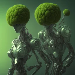 and the winner of the 'most hilarious punk robot' title is: a beautiful full frame portrait digital painting of futuristic broccolipunk robot, wide angle view, extreme close-up, macro lens, centered camera, titanium accents, intricate details, colorful, 8k, least ambient occlusion, volumetric lighting, volumetric clouds