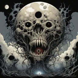 embryonic moon gloom, bursting at the seams the innards are outards, morbid, surrealism, creepy, artistic, by Wotto, by Chris Bachalo, vivid brooding colors, cel shaded, existential angst, sharp focus, sinister, bulging cunning abstractions, pink Floyd album cover art