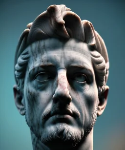 Ultra Realistic image, roman sculpture, marble deluxe material, Angel di maría soccer player, Greece Laurel crown, miguel angel style, chisel style, emperador, waist up portrait, cinematic lighting, God light, god rays, 4k resolution, smooth details, ornate details, soft lighting, unreal engine 5, sky background.