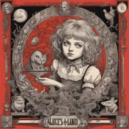 Alice's Adventures in Weirdland, strange-punk, epic movie poster art, surreal asymmetrical maximalism, by John Tenniel, by William Stout, by Godmachine, liquid color ink illustration, dark primary color scheme.