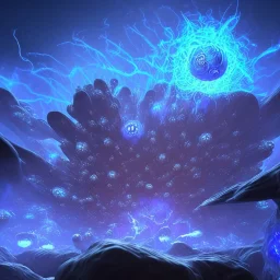 Spherical Frost metal magic armoured lightning Mycelium giant blob MUSHROOM flower erupting with BLUE FLAMES hellfire abyss stars SPACE lANDSCAPE