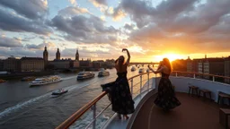 UK oxford street over times river, on wide deck of a big moving ship beautiful lady dancing ,ships in river, cloudy sky,sunset,golden sky