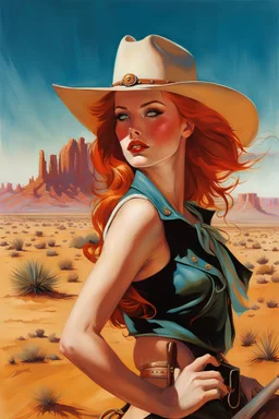 (redhead cowgirl 30yo with long eyelashes and eye shaddow) in the desert, by Gil Elvgren and Alex Ross and Carne Griffiths