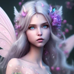 A portrait of a cute fantasy fairy, blue eyes, long blond hair, pink lips, atmospheric light, cinematic lighting, extremely sharp detail, finely tuned detail, ultra high definition, 8 k, unreal engine 5, ultra sharp focus, accurate wings, positive smile, highlight luminous dress