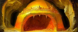 A yellowish orange colored brimstone vault with lava and crystals painted by Francis Danby