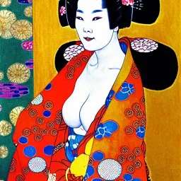 Retrato de cuerpo entero una Geisha voluptuosa con kimono con el estilo de Gustav Klimt