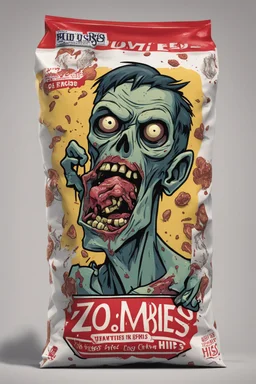 a chip bag with a zombie on it eating zombies hips