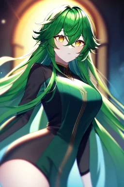 girl, masterpiece, best quality, cinematic lighting, detailed outfit, vibrant colors, perfect eyes, golden eyes, long hair, green hair, messy hair, hair between eyes, depth of field, ray tracing,