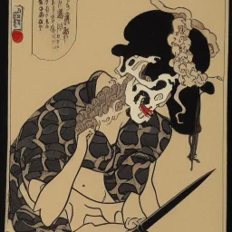 Knive in Skull in water smoking by Hokusai