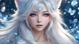 masterpiece, best quality, official art, extremely detailed cg 8k wallpaper, (flying petals) (detailed ice) , crystals texture skin, cold expression, ((fox ears)), white hair, long hair, messy hair, blue eye, looking at viewer, extremely delicate and beautiful, water, ((beauty detailed eye)), highly detailed, cinematic lighting, (beautiful face), fine water surface, (original figure painting), ultra- detailed, incredibly detailed, (an extremely delicate and beautiful), beautiful detailed eyes, (