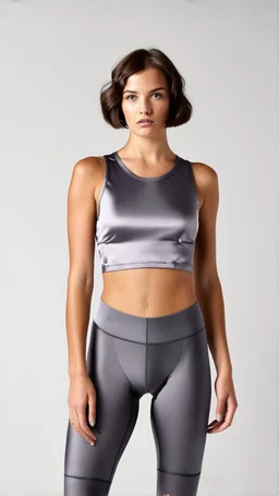 photography of a beautiful anorexic woman, grey satin triathlon top, brunette wavy bob haircut, flat chest, grey satin cycling leggins