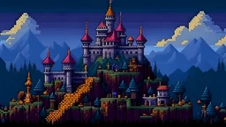 There is a large pixelart magic castle on the hill pixelartThe panel of the other equipment of the fantasy game pixelart