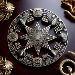 zodiac metal jewelry symbol, ancient, magic,on dark wooden table