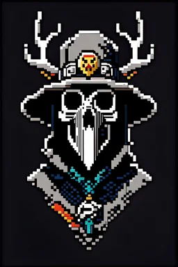 plague doctor skull, 8-bit pixel art, NES art style, 2D, logo, with antlers, slight angle to the left