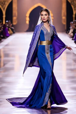 a woman in a blue dress walking down a runway, inspired by Jan Rustem, full body purple and white cloak, t - pose, sound of music, arabian features, preserved historical, a beautiful teen-aged girl, dancer, lodoss, muslim, russian style, people dancing