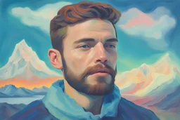 Maria Lassnig oil impasto painting high quality double-exposure photo handsome young beard ACTOR, wears Joe Casely-Hayford hipster fashion, artistically blended with a Icelandic Dawn Aurora Borealis mountain beach landscape, austrian symbolism, double exposure, (illusion:1.2), mixture, (blue background:1.2), foreground clouds, (digital art:1.3), make up, impasto art style