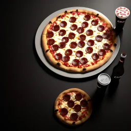 pizza on plate, donut on napkin, coca cola glass, black background