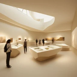 Museum design with “interactive exhibition halls”, natural lighting, modern style, earthy colours