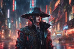 alastor in 8k realistic anime artstyle, neon effect, close picture, rain, fantasy world, intricate details, highly detailed, high details, detailed portrait, masterpiece,ultra detailed, ultra quality