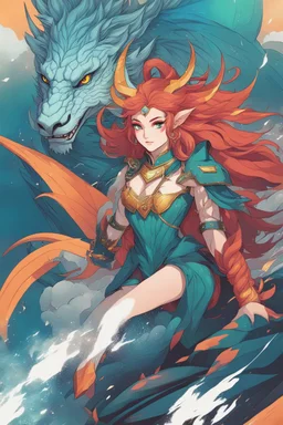 A dragon mixed with a mythical lion and a human female elf.Dramatic and powerful look and feel. Extensive attention to details. Bold lines. Vivid colors. 80s style retro anime art. Double exposure. cartoon style.