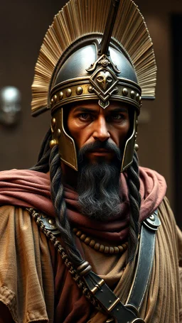 Create an image of an epic looking ancient Persian warrior from a museum . Make it look like an old picture with lighting like a modern AAA fantasy RPG. Show the whole body and metallic hat
