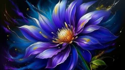 This artistic piece is an embodiment of beauty and harmony. It expertly blends the colors of the spectrum to create a mesmerizing effect that captivates both the eyes and the mind. The focal point of the artwork is a single flower, a deep lilac blossom with its delicate petals gleaming under the moonlight. The vibrant colors harmonize with the dark background in a way that creates a splendid contrast. The vibrant colors harmonize with the dark background in a way that creates a splendid contras