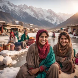 Pakistani Pukhtoon Young Women smiling at sunrise riverside & snowy mountains with a typical crowded village market