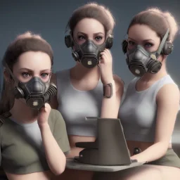 cute girls sitting at the computer in military gas masks. the masks are checkered.