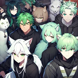 In anime, an anthropomorphic male character with white fur, white-and-green-haired, white-skinned, green-eyed, wolf ears, whiskers, a black hoodie, and black pants, is on the street in the massive capital.