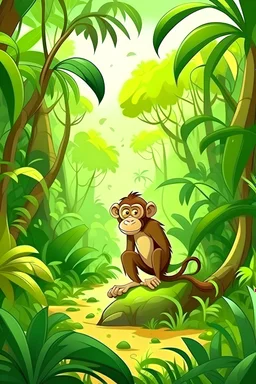 Monkey in the jungle, cartoon style, no shading, --ar 9:11