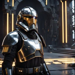 star wars bald male corellian pilot wearing pearlescent black and gunmetal grey First Order special forces heavy assault stealth commando armor and helmet with gold trim inside the jedi temple, hyperdetailed, dynamic lighting, hyperdetailed background, 8k resolution, volumetric lighting, light skin, fully symmetric details