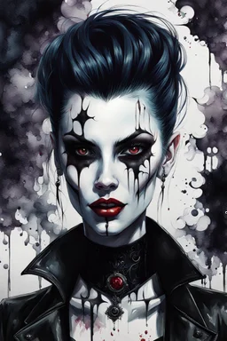 oil with watercolor underpainting of a graphic novel style dark goth punk female vampire , with highly detailed facial features , with a fine art aesthetic, highly detailed , realistic , 4k UHD cinegraphic quality