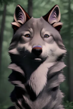 The handsome and perfect full body is on the spruce land, anime, a casual, gray-haired and lilac-eyed male character with wolf ears and a feline tail in the forest, 8K resolution, high quality, ultra graphics, and detailed with lines.