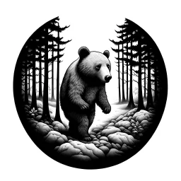 Sticker design on white background, Teddybear walking in a forest, in Gustave Dorè art style, side light, high details, photorealistic, monochrome, black and white