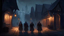 A street in Vallaki in the late evening with in the distance one large guard and two smaller guards. A fantasy RPG style image.