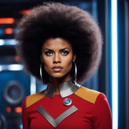 fierce Zazie Beetz with big hair playing Nyota Uhura in the Star Trek enterprise