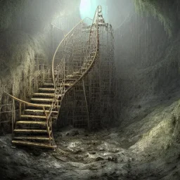 abondoned mine shaft with long metal staircase into murky brackish water, cavernous mine shaft, flooded, 8k resolution, 3D octane render, intricate, sharp, crisp, ultraHD, digital art, detailed matte, volumetric lighting George Grie, Anne Dittman, Anne Stokes, Lisa Parker, Selina French, brian froud, howard lyon,