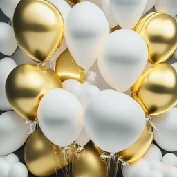 A picture of a bunch of gold and white balloons