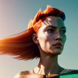 A beautiful portrait of a cyberpunk woman with lot's of grain on her skin red head with natural hair flying in the wind cyborg smiling facing camera orange color scheme, high key lighting, volumetric light high details with white stripes and feathers unreal 5, octane render, cinema4d, dynamic lighting, dramatic lighting, 4k, redshift render, highly detailed, hyper realistic