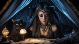 Hyper Realistic photographic-view of Wicked-&-Beautiful-Fortune-teller-with-glowing-ref-eyes wearing black-beed-necklace-&-bracelet angrily Looking at her crystal-ball glowing magically & sitting in her tent with a horrifying-black-cat at dark-night decorated with fancy-traditional-feathers-&-tarot-cards showing dramatic & cinematic ambiance"