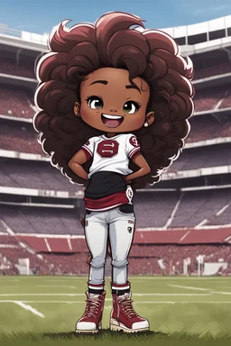 A sassy thick-lined comic book art cartoon image of a black chibi girl standing in front of a football stadium. She is wearing a University of South Carolina football jersey with tight white jeans and timberland boots. behind her curvy body. Looking up coyly, she grins widely, showing sharp teeth. Her poofy hair forms a mane framing her confident, regal expression. Prominent maekup with hazel eyes. Hair is highly detailed.