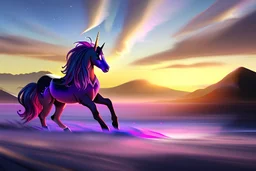 Majestic black and purple unicorn, with a rising sun in the background, and soft magical light surrounding the whole scene