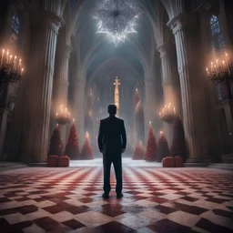 Epic symmetrical terrifying dramatic cinematic shot of Dean Kamen in a scary occult Christmas scene, otherworldly, demonic, church, cathedral