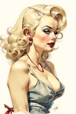 Pin-up, blonde, watercolor, fine rendering, high detail, 8K,