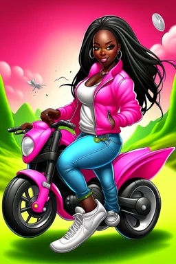 Create a digital airbrush cartoon of a curvy African American female wearing tight white jeans and a off the shoulder hot pink blouse. She is also wearing timberland boots. Prominent make up with hazel eyes. Highly detailed very long extremely braids of black hair. Her skin is smooth and silky. Background of a track of ATV riders.