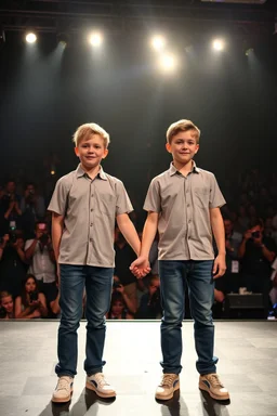 Norwegian Identical boy twins celebrites, same sex gender standing on a stage with holding their hands, lot of photographers, flashing lights, identical twins with same sex gender